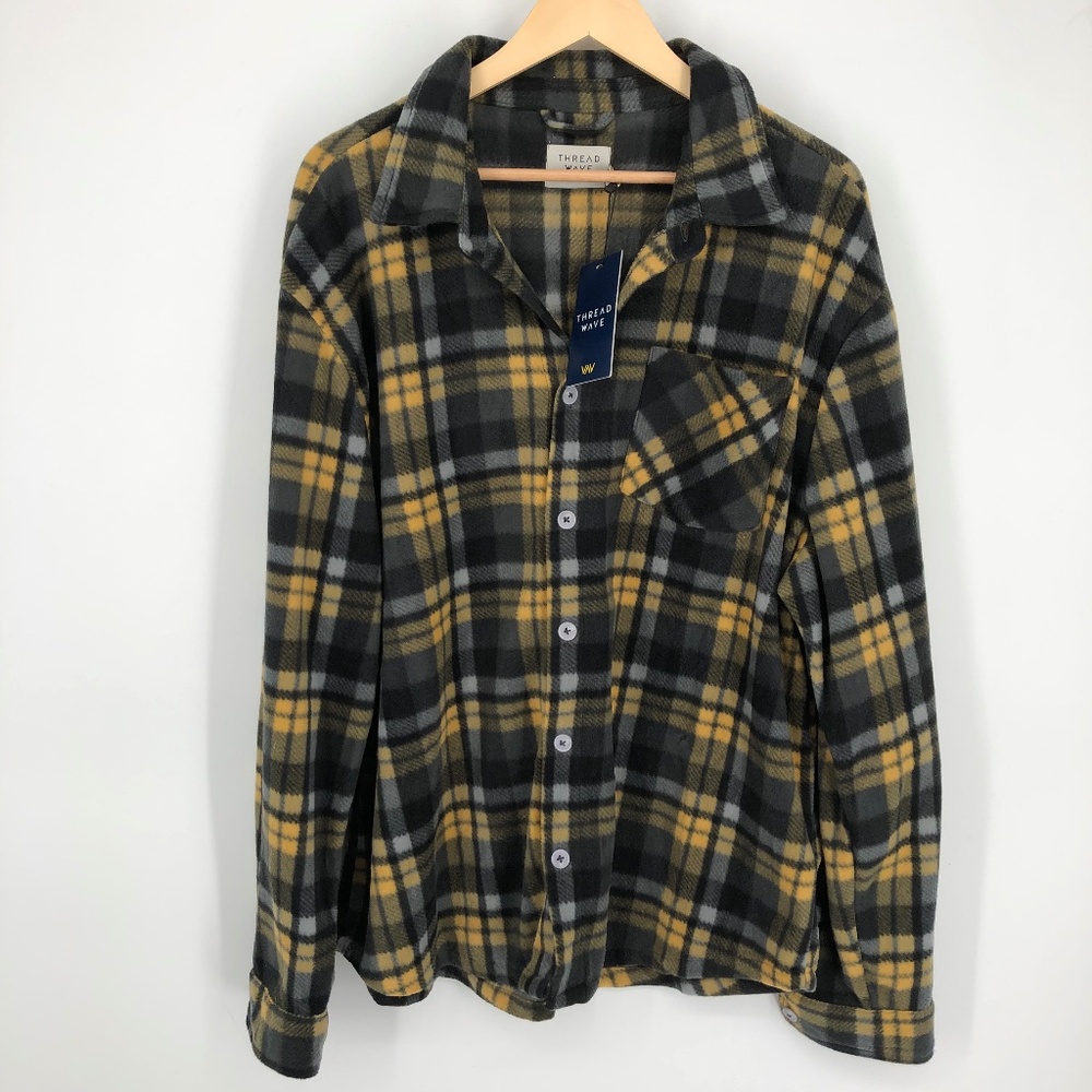 Thread Wave Mens Shacket Size XL Plaid Fleece Button Front Yellow Black Warm NWT